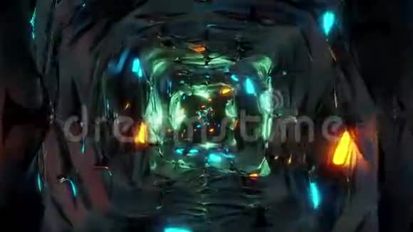 无尽的抽象幻想精灵隧道走廊与发光灯和反射金属控制三维插图运动视频的预览图