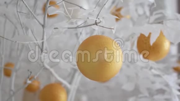新年装饰白色球像橘子放在雪白的树上视频适合背景视频的预览图