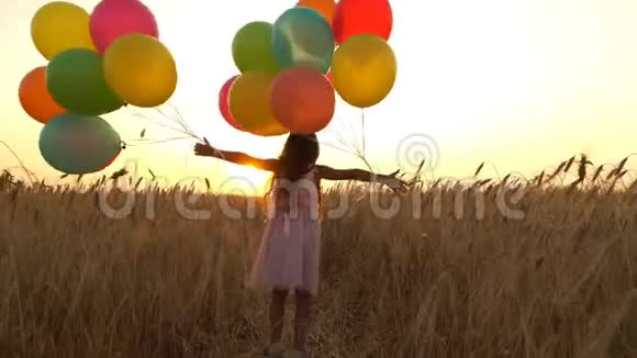 穿着五颜六色的气球的小女孩正跑过田野视频的预览图
