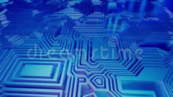 3D渲染抽象背景循环动画在微型芯片的面板上飞行迷宫迷宫蓝色视频的预览图