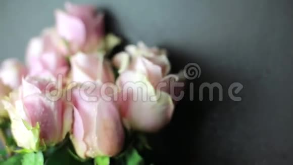 粉红色的玫瑰花在黑色的背景上喷水视频的预览图
