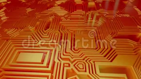 3D渲染循环抽象背景动画在微型芯片的面板上飞行迷宫黄色和橙色视频的预览图