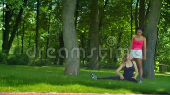 年轻女孩在公园草地健身前伸展身体视频的预览图