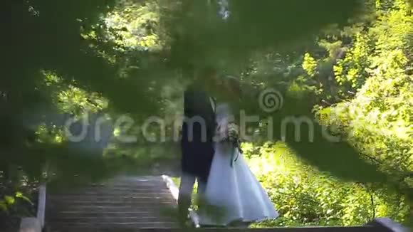 新娘和新郎正沿着公园小巷散步视频的预览图