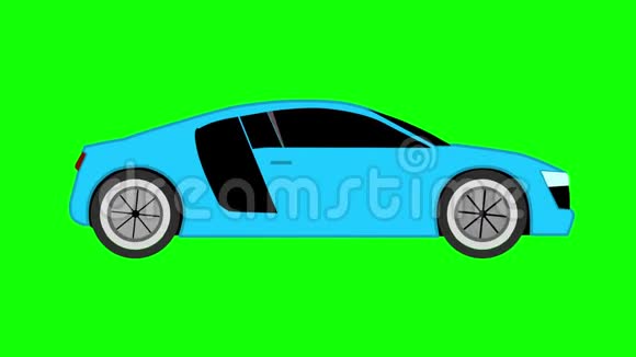 蓝色跑车平面风格动画在绿色屏幕背景4k视频的预览图