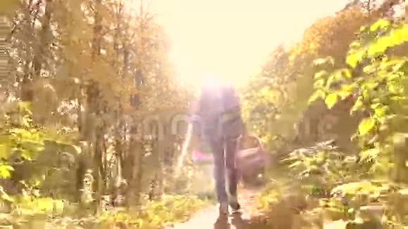 苗条的黑发女孩走在秋天的森林里拿着一个野餐篮4克斯泰德姆视频的预览图