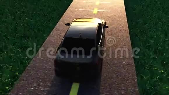3D染车用绿草在沥青路上行驶计算机生成现代现实背景视频的预览图