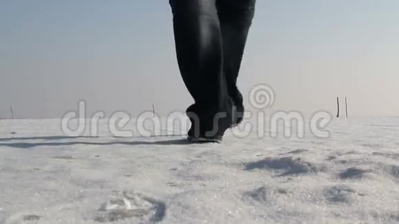 在多瑙河三角洲冰冻的湖面上行走的人视频的预览图