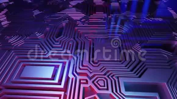 3D渲染循环抽象背景动画在微型芯片的面板上飞行迷宫粉色紫色红色和蓝色视频的预览图