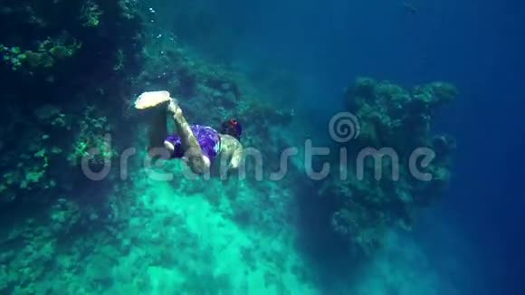 带着潜水设备的年轻人潜入深蓝色的大海视频的预览图