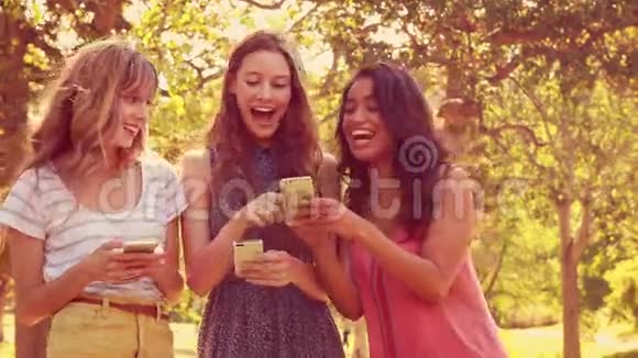 快乐的女性朋友用智能手机笑视频的预览图