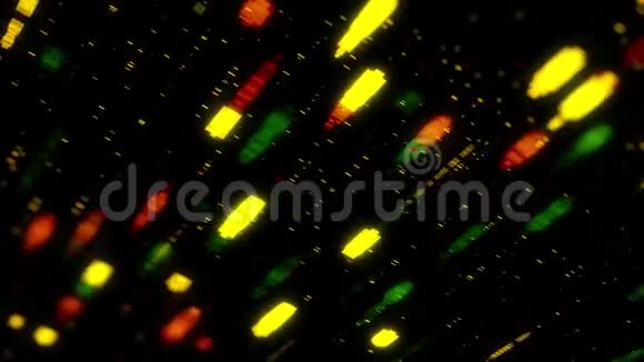 抽象的绿色红色和黄色方块闪烁并在黑色背景上成排移动无缝循环动画五彩缤纷视频的预览图