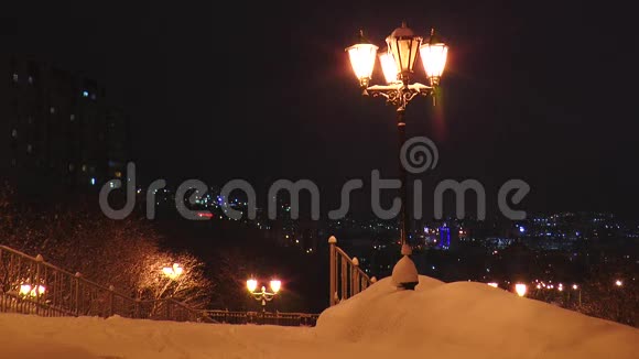 路灯在白雪皑皑的公园里背景是城市的夜晚视频的预览图