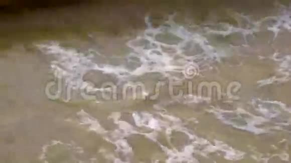汹涌的海浪滚上岸浊水为绿褐色泡沫视频的预览图