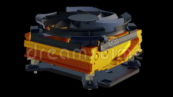 带铜散热器的CPU风扇3D绘制无缝回路4k动画三维数字技术可视化视频的预览图