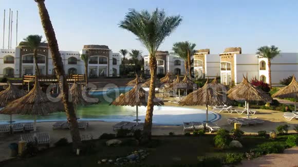 阳光酒店度假村蓝色游泳池棕榈树和日光浴在埃及时间流逝视频的预览图