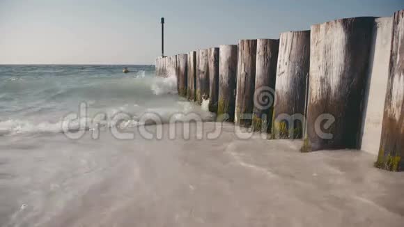 浪白沙大海大海水波浪洗一个木墩视频的预览图