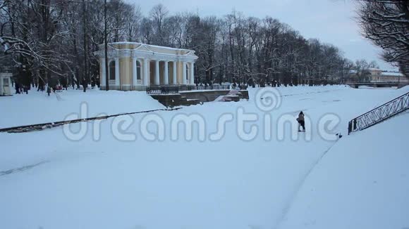 莫伊卡河和米哈伊洛夫斯基花园的景色冬季景观视频的预览图