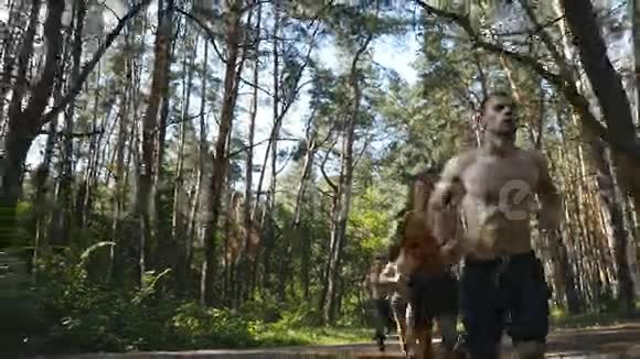 一群年轻的肌肉运动员在森林小径上奔跑适合英俊的运动男性运动员锻炼人民视频的预览图