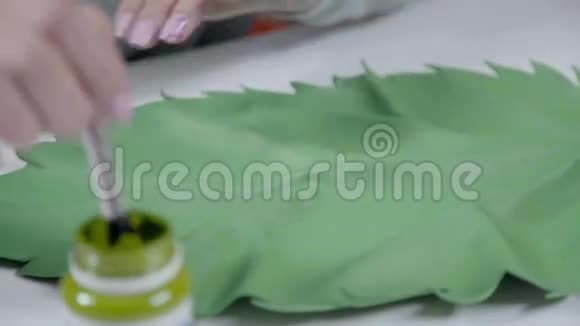一个女艺术家灌篮刷在水粉颜料和工艺品的特写视频的预览图