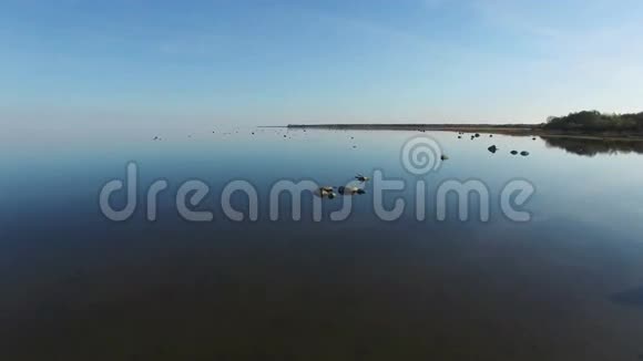 4K神奇的飞行与鸟在海上日落以上的石头站在水中鸟瞰视频的预览图