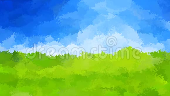 动画彩色彩色彩色背景无缝环视频水彩花效果彩色绿草蓝天夏季水平视频的预览图