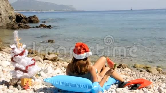 年轻女子带着圣诞树在沙滩上放松视频的预览图