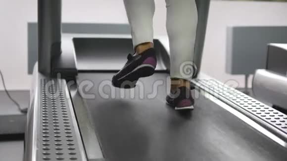 女性的腿在健身房的跑步机上行走和跑步年轻女性在有氧运动中锻炼女孩的脚视频的预览图