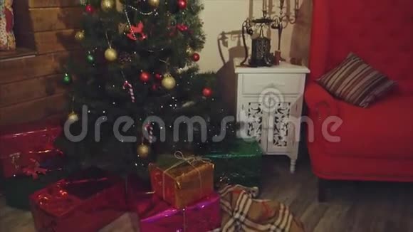 圣诞节装饰的房间里面有松树和礼物视频的预览图