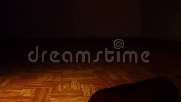 一个棕色的空瓶子在黑暗的房间的地板上翻滚视频的预览图