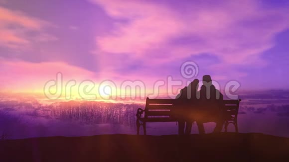 一对坐在长凳上的夫妇看着冬天的风景视频的预览图
