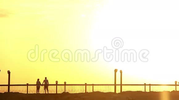 一对充满爱的情侣在桥上黎明时的剪影视频的预览图