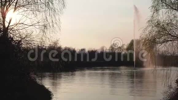夕阳下公共公园喷泉的美丽景色视频的预览图