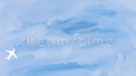 飞机在蓝色水彩天空背景上沿着轨迹飞行视频的预览图