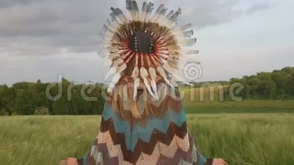 美国印第安人看起来很漂亮的女人早上在田野里慢悠悠地走着视频的预览图