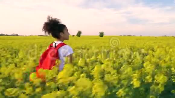 少女少女女青年带着红色背包和一瓶水在黄花种子地徒步旅行视频的预览图