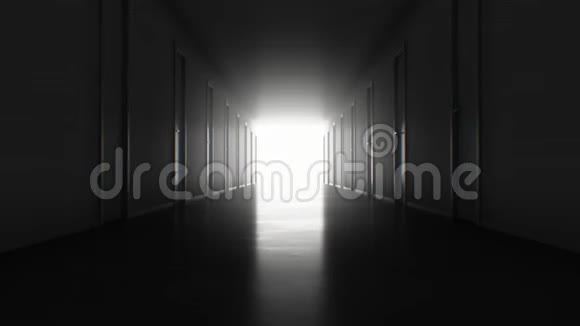 无缝运动通过黑暗的走廊与许多紧闭的门到明亮的白色出口加载三维动画光线视频的预览图