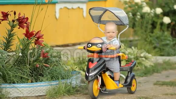 小可爱的男孩坐在婴儿车里在乡间别墅附近微笑视频的预览图