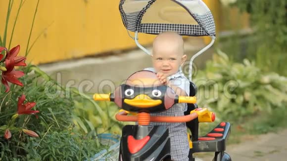 小可爱的男孩坐在婴儿车里在乡间别墅附近微笑视频的预览图