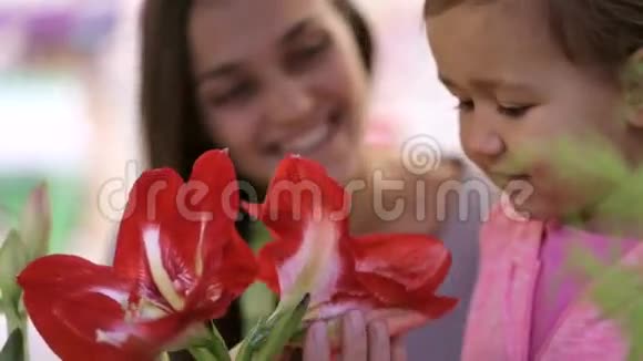 妈妈和她可爱的小女儿在超市挑选鲜花视频的预览图