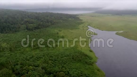 空中飞行穿越美丽的湖泊和森林视频的预览图