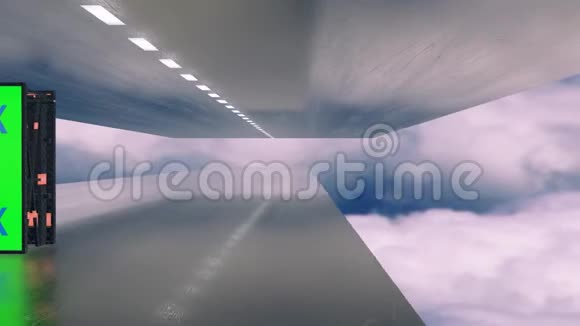 视频模拟绿色屏幕广告牌未来派平面隧道之间的云视频的预览图