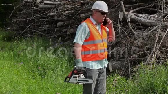 拿着电锯在树枝堆附近打电话的伐木工人视频的预览图