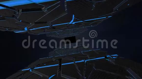 高科技紧身隧道与破碎的墙壁与蓝线视频的预览图