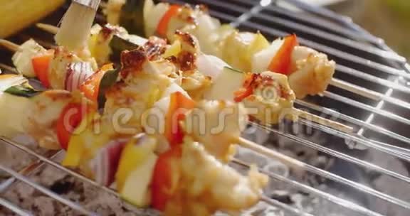 烤架上美味的鸡肉蔬菜烤肉视频的预览图