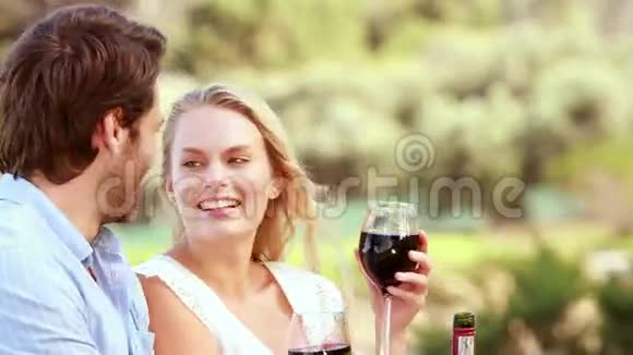 一对幸福的夫妇在讨论和拿着红酒杯视频的预览图
