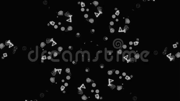 霓虹灯社会媒体网络表情符号的单色抽象动画在黑色背景上螺旋旋转视频的预览图