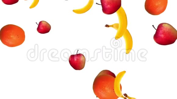 美丽抽象的彩色动画红苹果和香蕉掉落4k视频的预览图