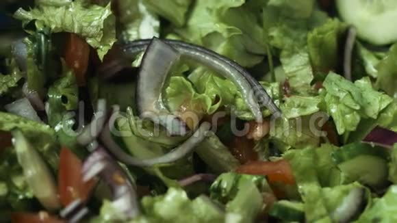 准备一份健康和非常美味的蔬菜沙拉用意大利橄榄油调味用盐处理视频的预览图