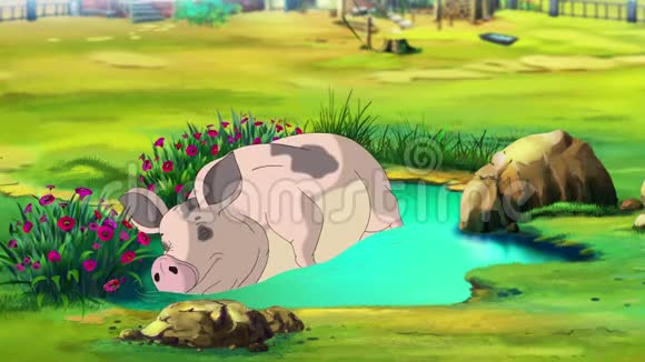 两只粉红色的猪靠近一个水坑视频的预览图